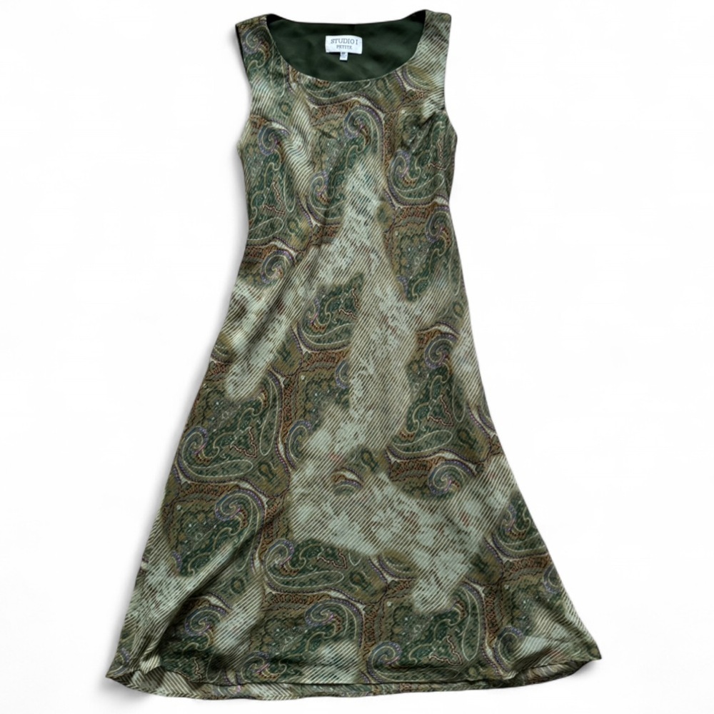 VTG y2k Green Printed Flowy Midi Dress Fairycore